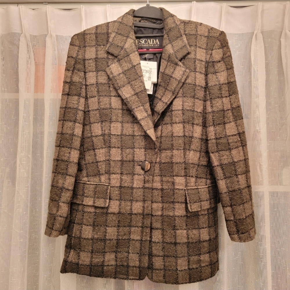 Escada Checked Patchwork Wool Blend Blazer Jacket Brown & Tan Size 10 NWT